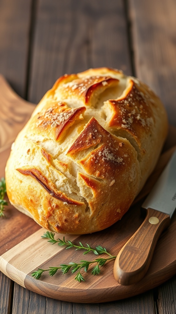 Rustic Dutch Oven Peasant Bread Recipe A golden-brown rustic loaf of peasant bread on a wooden board, with a knife and herbs.